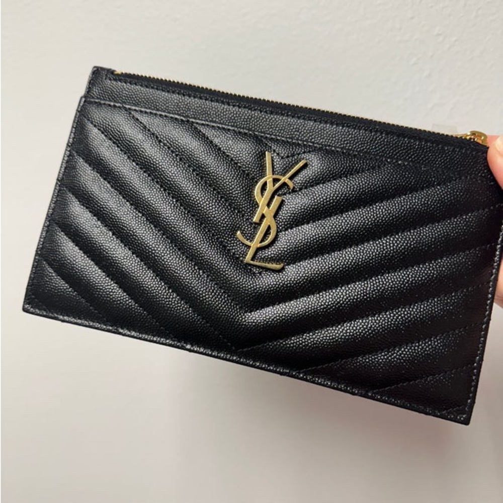 YSL Saint Laurent Black Grained Leather Zipper Bill Pouch